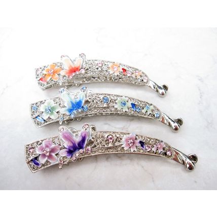 Slim silver metal filigree flower butterfly banana hair claw clips with jewels