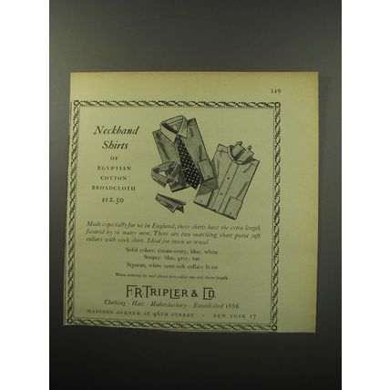 1955 F.R. Tripler Neckband Shirts Ad - Neckband shirts of Egyptian cotton