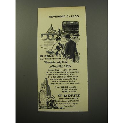 1955 St. Moritz On-The-Park Hotel Ad - In Rome they'll tell you