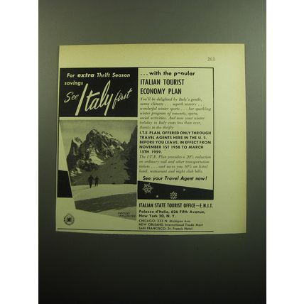 1958 Italian State Tourist Office Ad - For extra thrift season savings