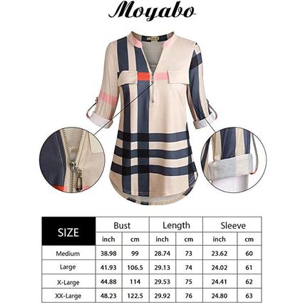 Moyabo Women'S 3/4 Cuffed Sleeve Zipped V Neck Plaid Tunic Shirt/Blouse LARGE