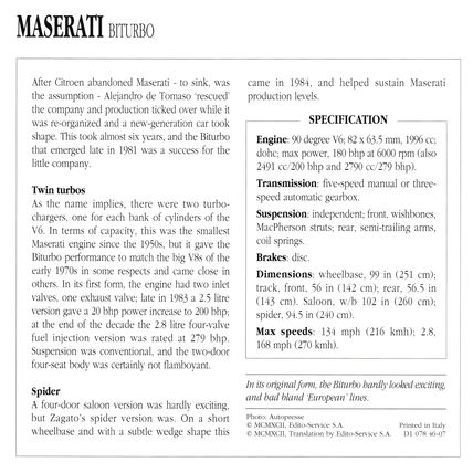 Collectors Club card. Classic Cars. Maserati Biturbo