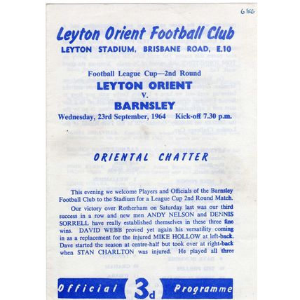 Leyton Orient v Barnsley (LC 2nd Round) - Wednesday 23 Sept 1964