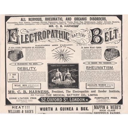 1891 ELECROPATHIC BATTERY BELT MAGAZINE ADVERT