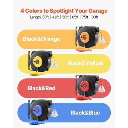 VEVOR Retractable Extension Cord Reel, 50 FT Heavy Duty 14AWG/3C SJTOW Power Cor