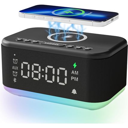 Alarm Clock Speaker Wireless Charger, Digital Alarm Clocks Bedrooms Bluetooth, A