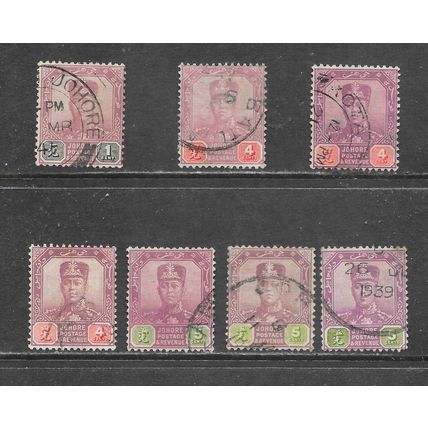 JOHORE SULTAN SIR IBRAHIM MALAYA 1922 7 STAMP LOT STUDY POSTMARKS USED WMK MSCA