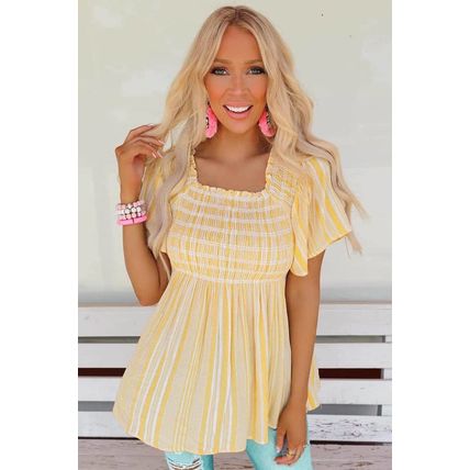 Yellow Striped Print Smocked Flowy Blouse