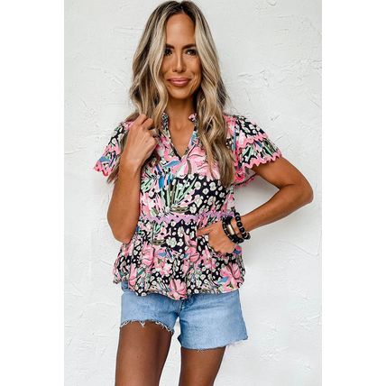 Pink Ricrac Floral Tiered Short Sleeve Blouse