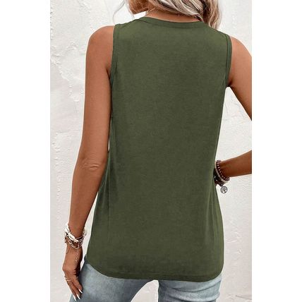 Jungle Green Half Button V Neck Patched Pocket Tank Top