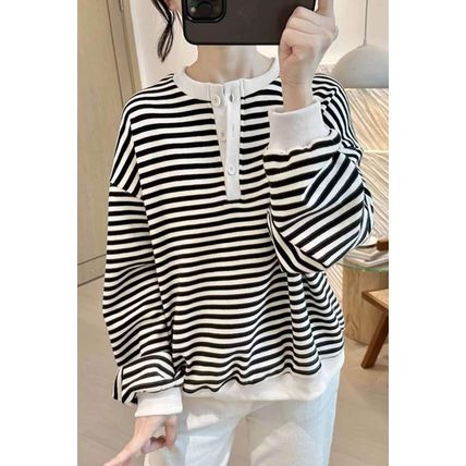 White Stripe Color Block Buttoned Crew Neck Oversized Sweatshirt