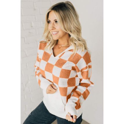 Gold Flame Checkered Split Neck Contrast Kangaroo Pocket Hooded Sweater
