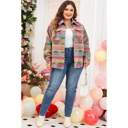 Pink Plus Size Aztec Printed Flap Pocket Shacket