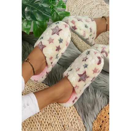 Beige Star Pattern Plush Home Slippers