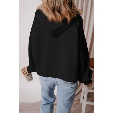 Black Fleece Lined Half Zipper Kangaroo Pockets Loose Hoodie