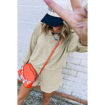 Parchment Textured Buttoned Long Sleeve Top 2 Piece Shorts Set