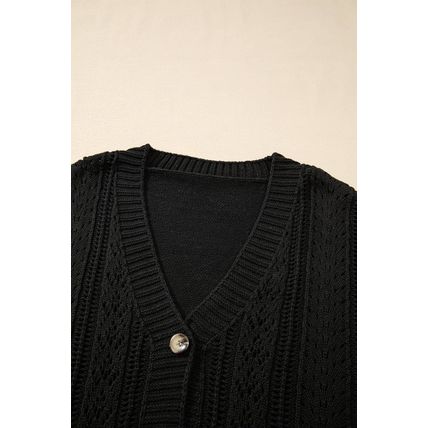 Black Open Knit Drop Shoulder Sweater Cardigan