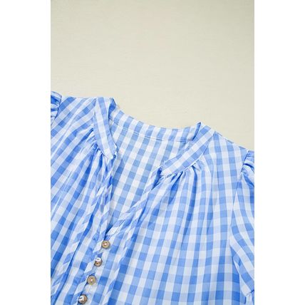 Sky Blue Gingham Short Sleeve Button Tie Split Neck Loose Mini Dress