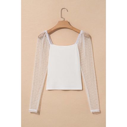 White Swiss Dot Mesh Long Sleeve Square Neck Slim Top