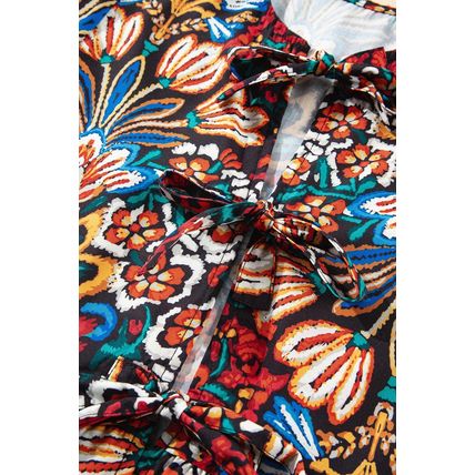 Black Tropical Print Bubble Sleeve Knot Front Blouse