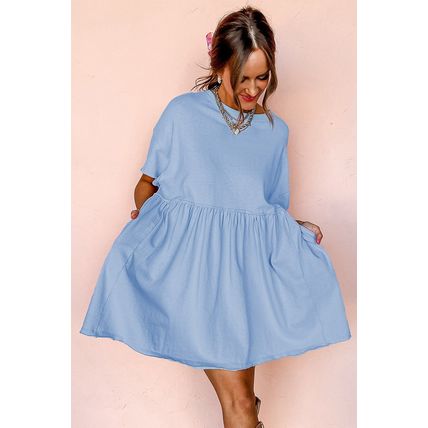 Sky Blue Solid Color Pocketed Raw Edge Babydoll Dress