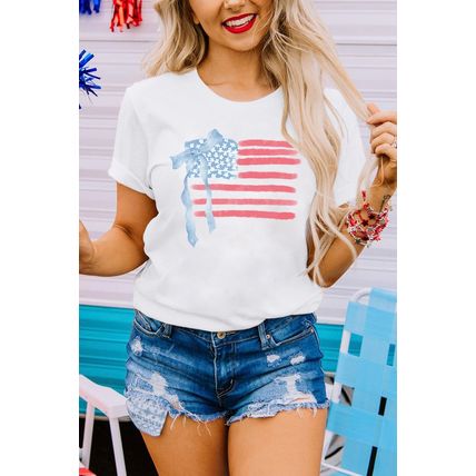 White American Flag Bow Knot Print Crew Neck T Shirt