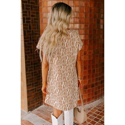 Khaki Abstract Print V Neck Short Sleeve Shift T Shirt Dress