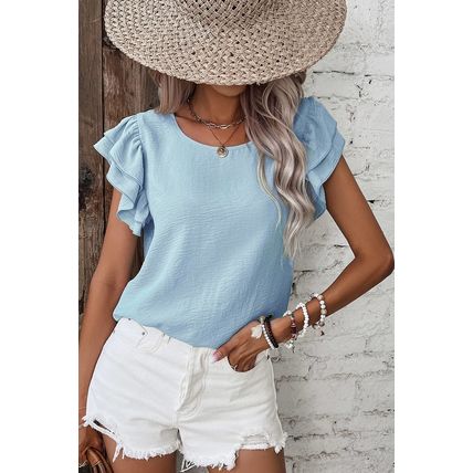 Mist Blue Solid Color Ruffled Short Sleeve Casual Blouse