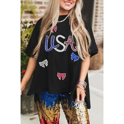 Black Sequin USA Bow Graphic Independence Day T Shirt
