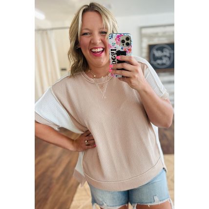 Parchment Twist Rib Colorblock Hi Low Plus Size Short Sleeve Top