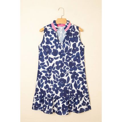 Blue Floral Sleeveless Colorblock Notched V Neck Mini Dress