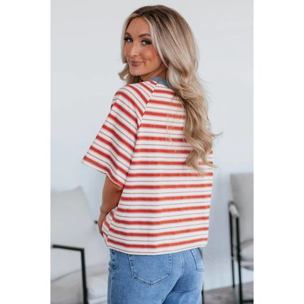 Tomato Red Stripe Print Contrast Collar Raglan Sleeve T Shirt