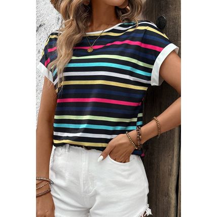 Black Stripe Multicolor Contrast Edge Crew Neck T Shirt