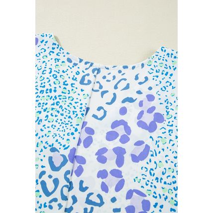 Sky Blue Leopard Print Short Sleeve V Neck Plus Size Top