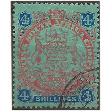 Rhodesia 1896 SG37 4/- Orange-Red & Blue/Green Very Fine.Used . ..