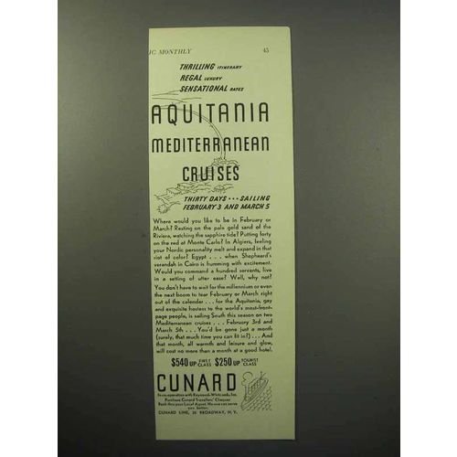 1932 Cunard Cruise Ad - Aquitania Mediterranean Cruises