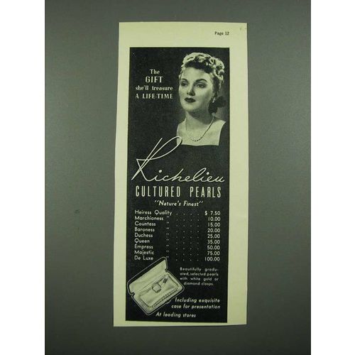 1938 Richelieu Cultured Pearls Ad - She'll Treasure A Life-Time