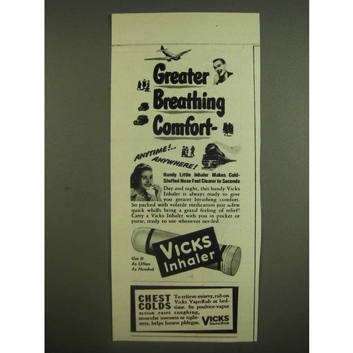 1945 Vicks Inhaler Ad - Greater Breathing Comfort