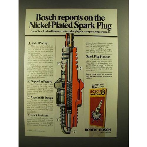 1978 Bosch Spark Plugs Ad - Reports on the nickel-plated