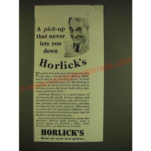 1939 Horlick's Malted Milk Ad - A pick-up that never lets you down