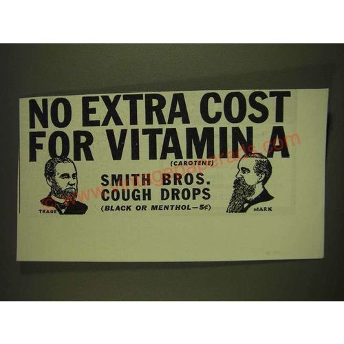 1939 Smith Bros. Cough Drops Ad - No extra cost for Vitamin A