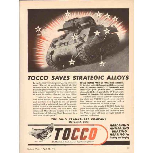 OHIO CRANKSHAFT COMPANY 1943 Tocco saves strategic alloys vintage ad