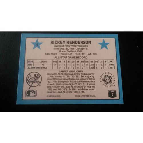 1988 Donruss All-Stars Card # 04 Rickey Henderson Excellent (5) New York Yankees