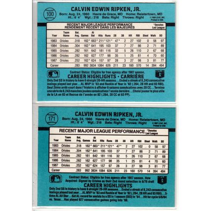 Both 1988 Donruss & Leaf Cal Ripken Jr. cards 100, 171 -HOF- Orioles