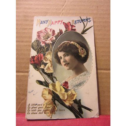 MANY HAPPY RETURNS, BIRTHDAY .used vintage postcard not posted. pretty girl /