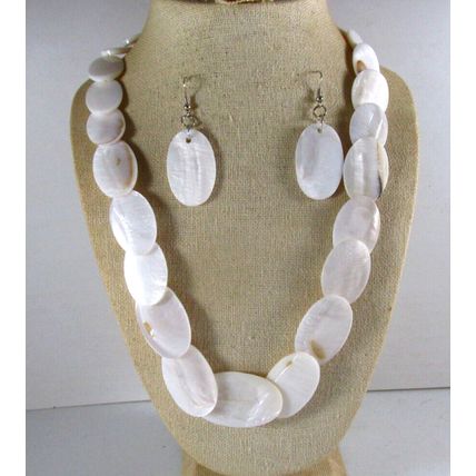 Genuine White Natural Mother of Pearl Oval Strand Necklace Set