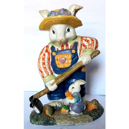 CERAMIC FIGURINE - A RABBIT GARDENER with SON - 16 x 11 x 9 cm - 500 grams