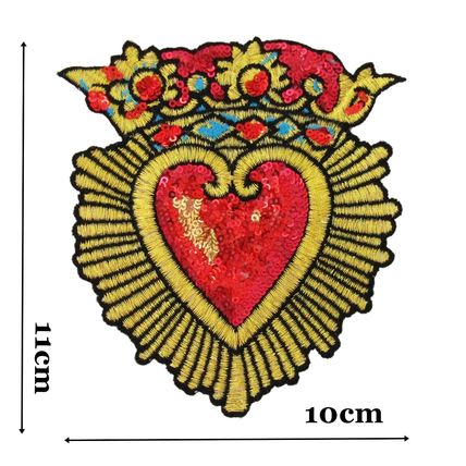 Crown Sequin Heart Iron On Patch Decoration Motif Badge Bright Red & Gold P487
