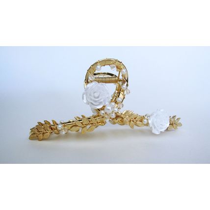 Large gold metal white flower leaves beads hair claw clip