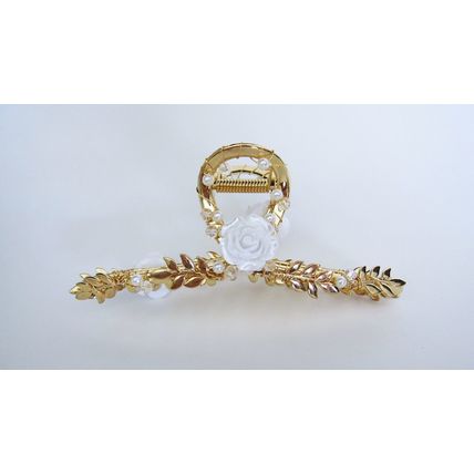 Large gold metal white flower leaves beads hair claw clip
